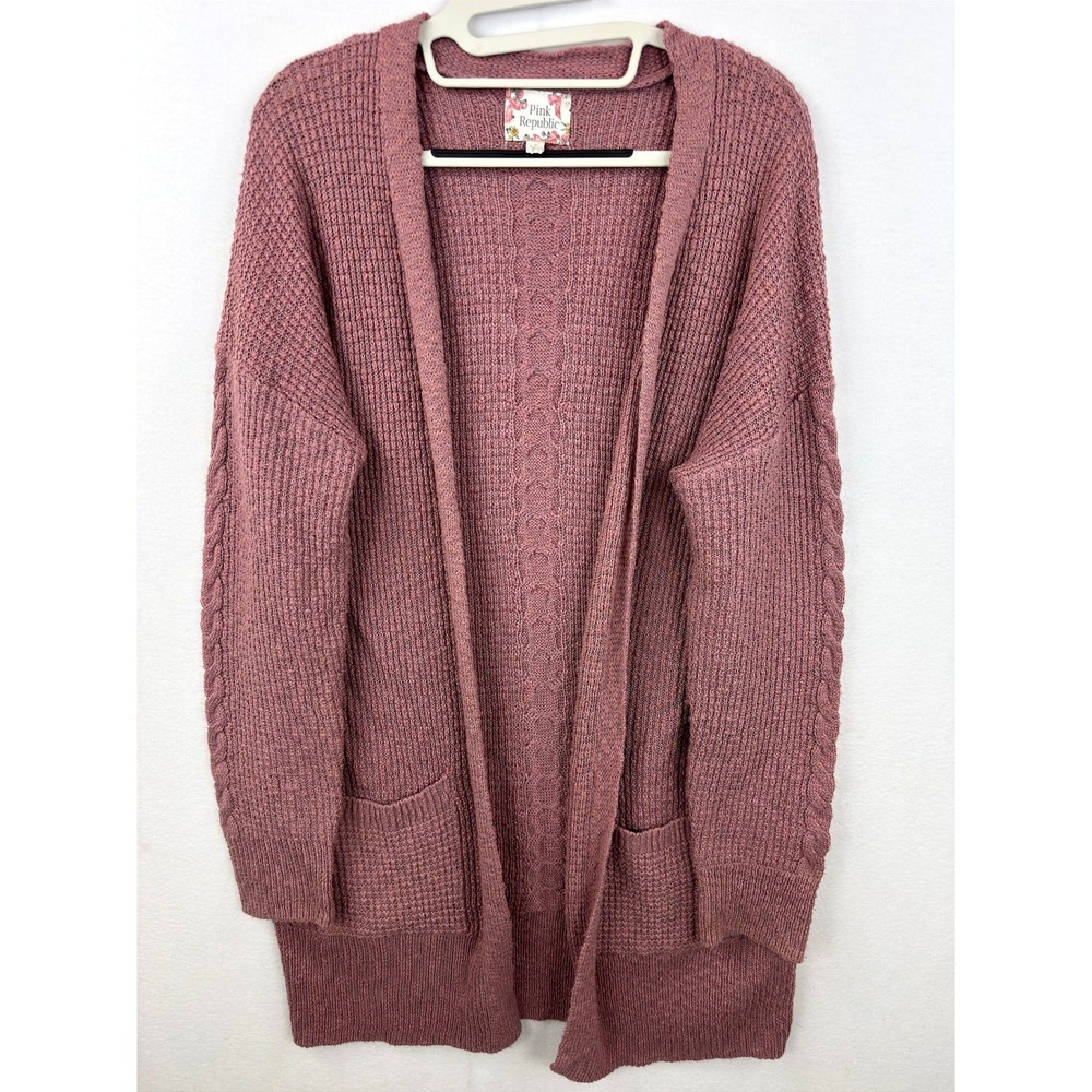Pink Republic Cardigan Women Large Mauve Pink Cable Knit Open Front PF1S41692